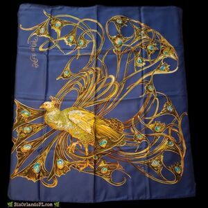 VINTAGE Lalique Paris 100% Silk Square Scarf Art Nouveau Paradise Royale Peacock